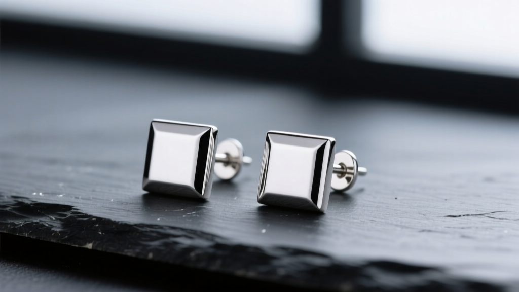 Close-up of polished 925 sterling silver square stud earrings resting on a dark slate surface, reflecting soft studio lighting.