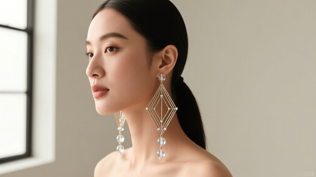 Woman with a round face shape wearing long geometric wire and bead drop earrings that elongate her profile, soft natural lighting