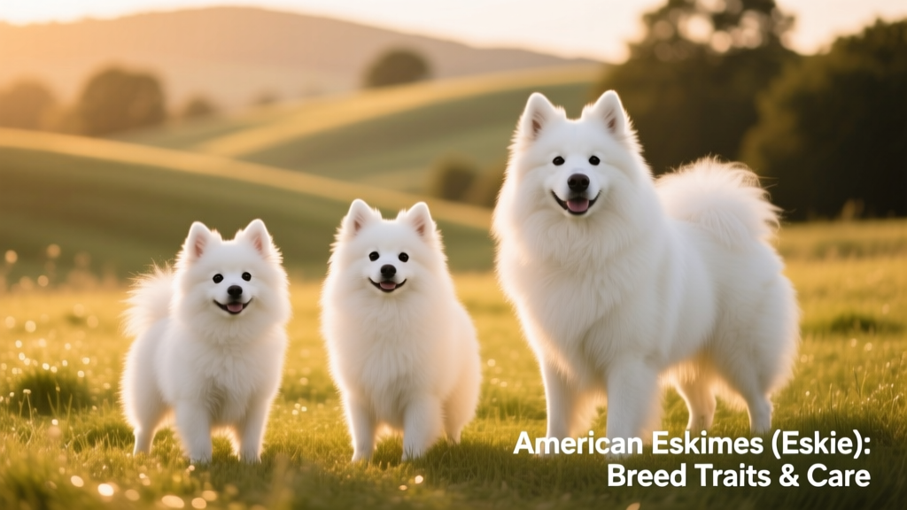 Three American Eskimo dogs of different sizes—Toy, Miniature, and Standard—posing together on a grassy field