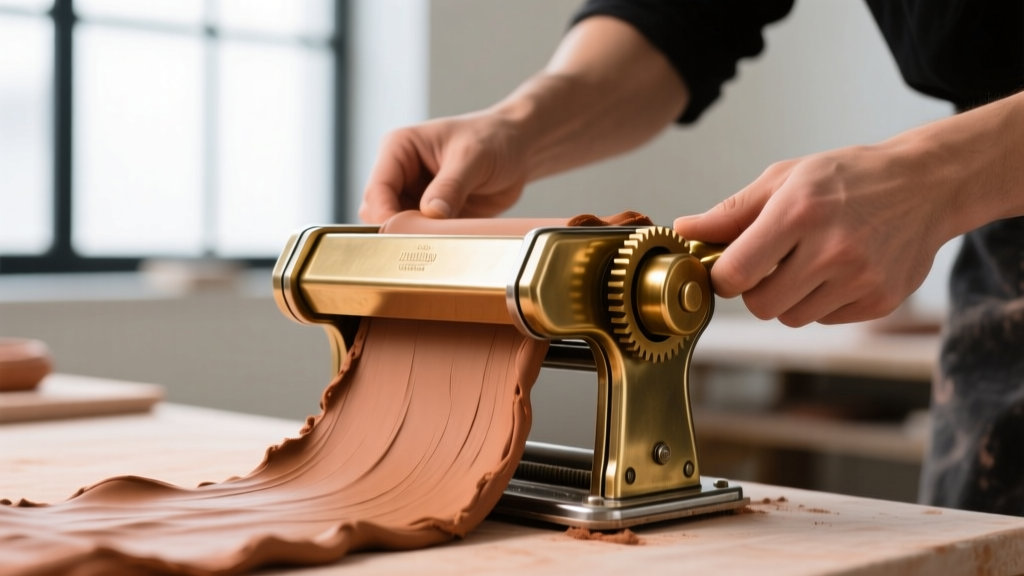 Hands conditioning terracotta polymer clay through a metal pasta machine, showing smooth texture and even thickness