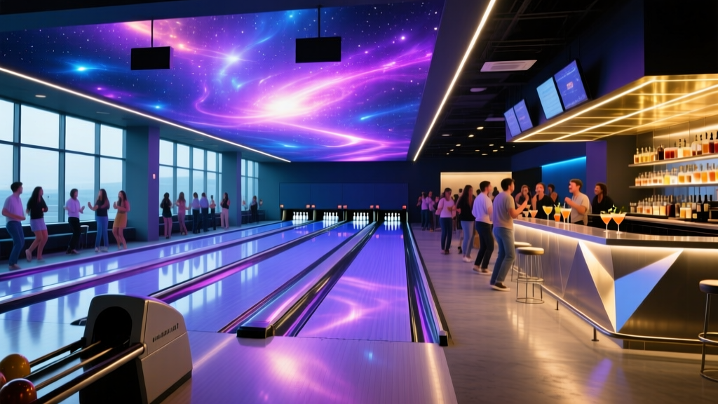 Modern 16-lane bowling center interior with glowing LED cosmic lighting, synthetic lanes, and a bustling bar area