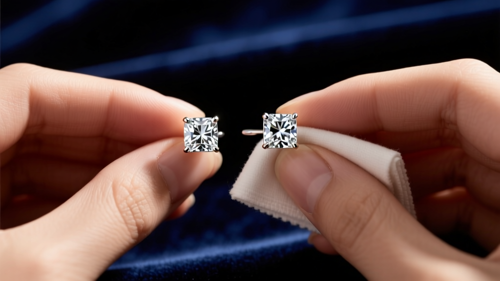 Hands polishing sterling silver cubic zirconia stud earrings with a microfiber cloth on dark velvet under warm studio lighting.