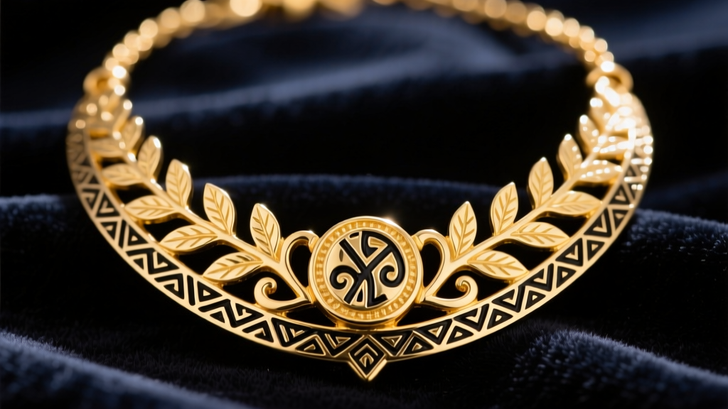Close-up of a 14k yellow gold Hawaiian heirloom necklace with maile leaf scrollwork and black enamel lettering on dark velvet