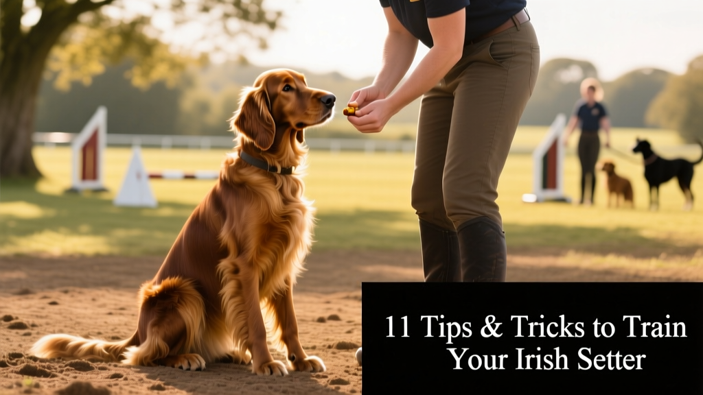 An Irish Setter sitting attentively beside its handler in a sunlit outdoor training class, focused and relaxed with a treat in hand