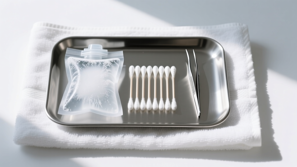 Top-down view of a steel tray holding an ice pack, cotton swabs, and fine-tipped jewelry tweezers resting on a clean white towel.