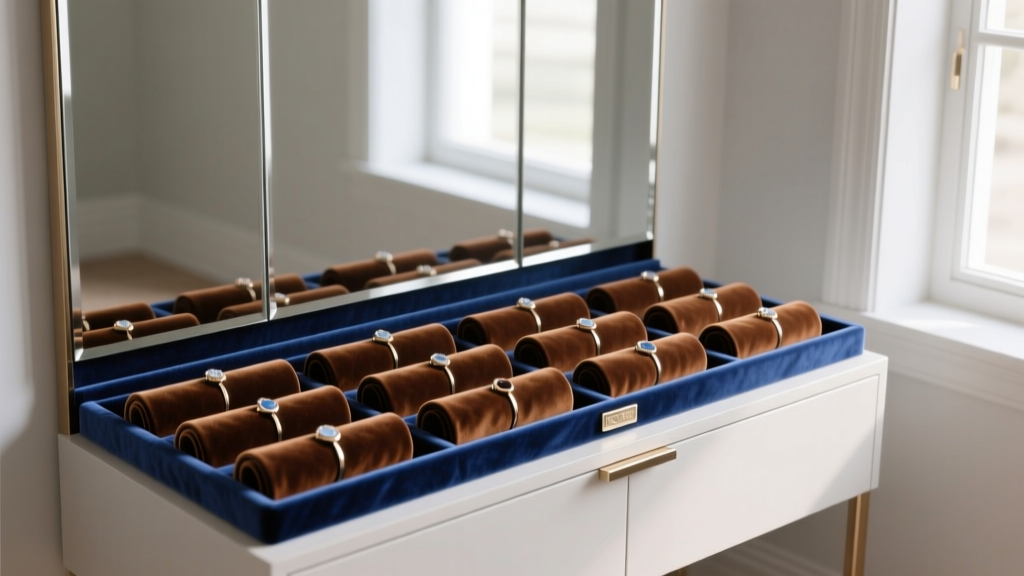 Interior of a premium jewelry mirror cabinet featuring Pacific cloth anti-tarnish lining and 20mm spaced velvet ring rolls