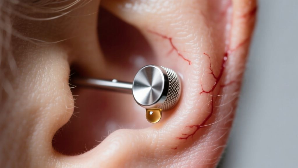 Macro shot of a freshly pierced earlobe with an implant-grade titanium flat back labret stud, clinical lighting, sharp focus.