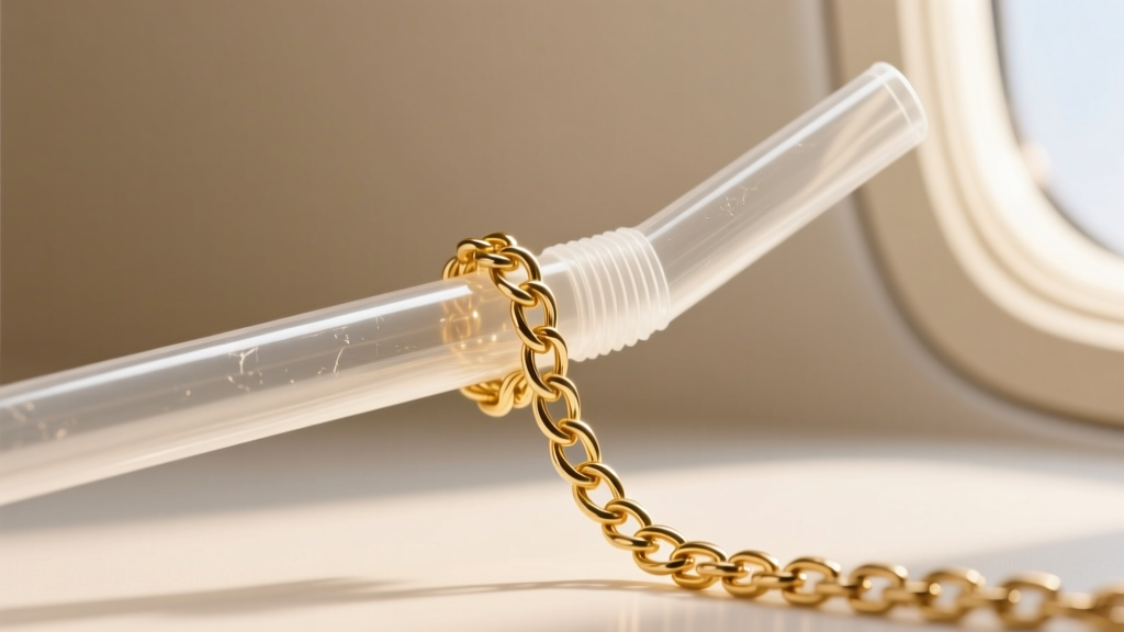 Close-up of a delicate 14k gold cable chain threaded through a clear plastic straw to prevent tangling during air travel packing.