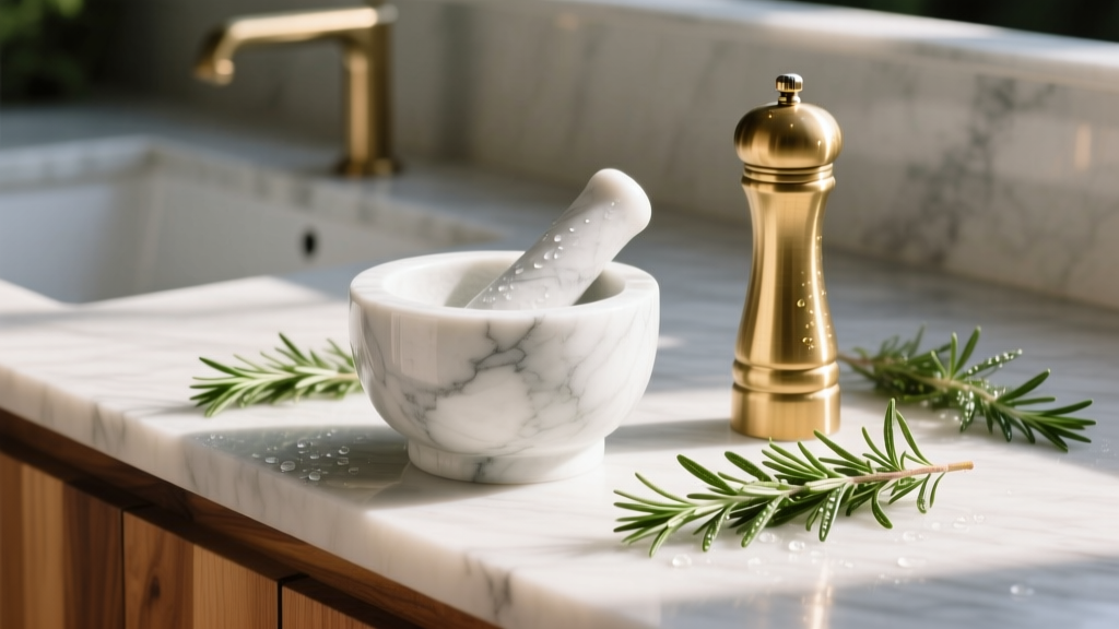 Cedar outdoor counter featuring a heavy white Carrara marble mortar and pestle, tall brass pepper mill, and scattered fresh rosemary
