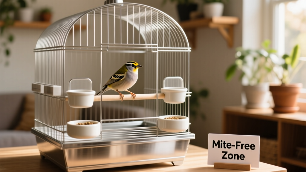 Clean, spacious bird cage with stainless steel perches, ceramic dishes, and no porous materials — illustrating ideal mite-resistant setup