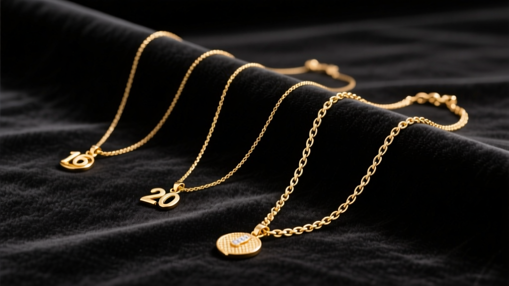Elegant flat lay of three gold necklaces measuring 16, 20, and 24 inches on dark velvet, illuminated by soft studio lighting.