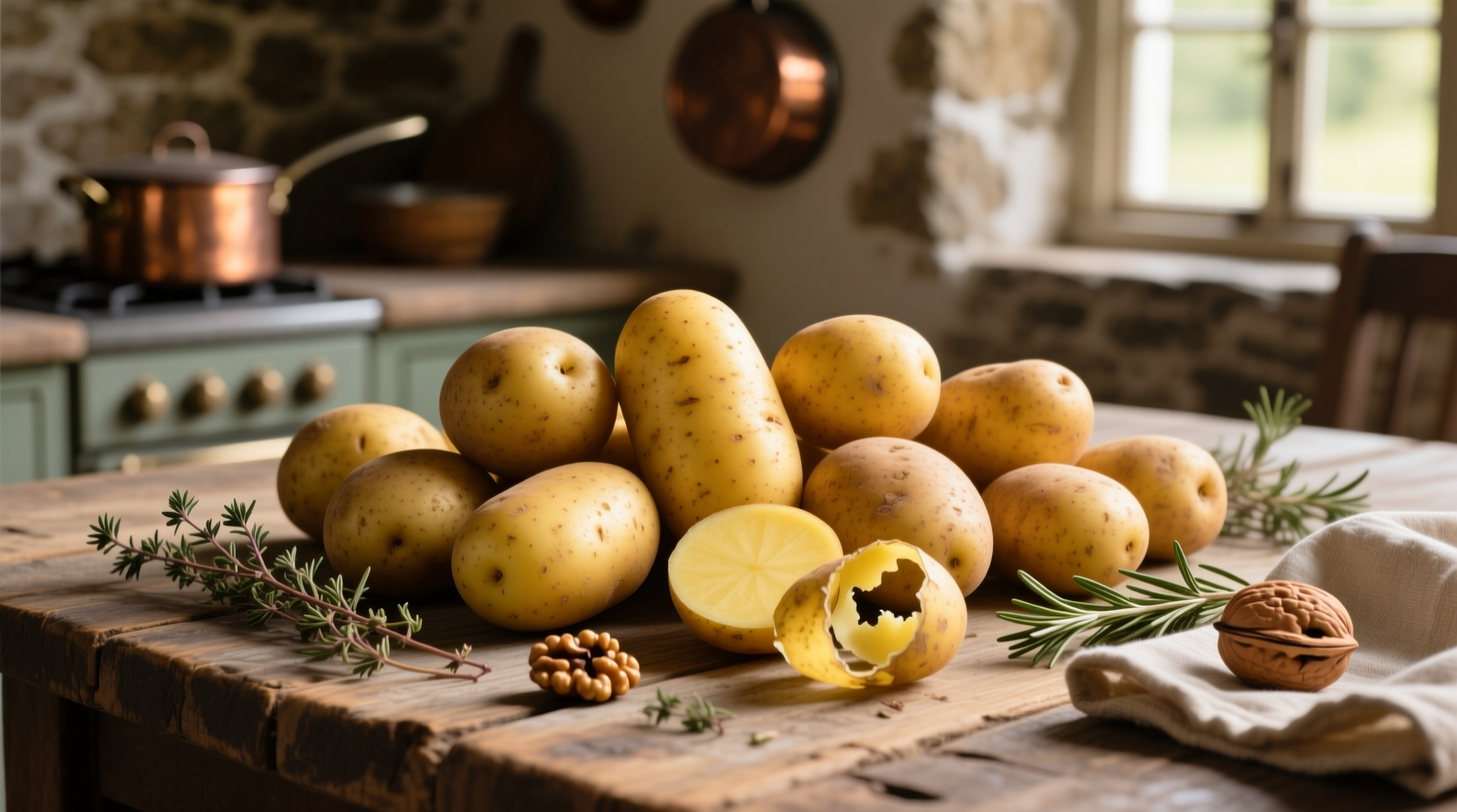 Golden yellow potato varieties on wooden table