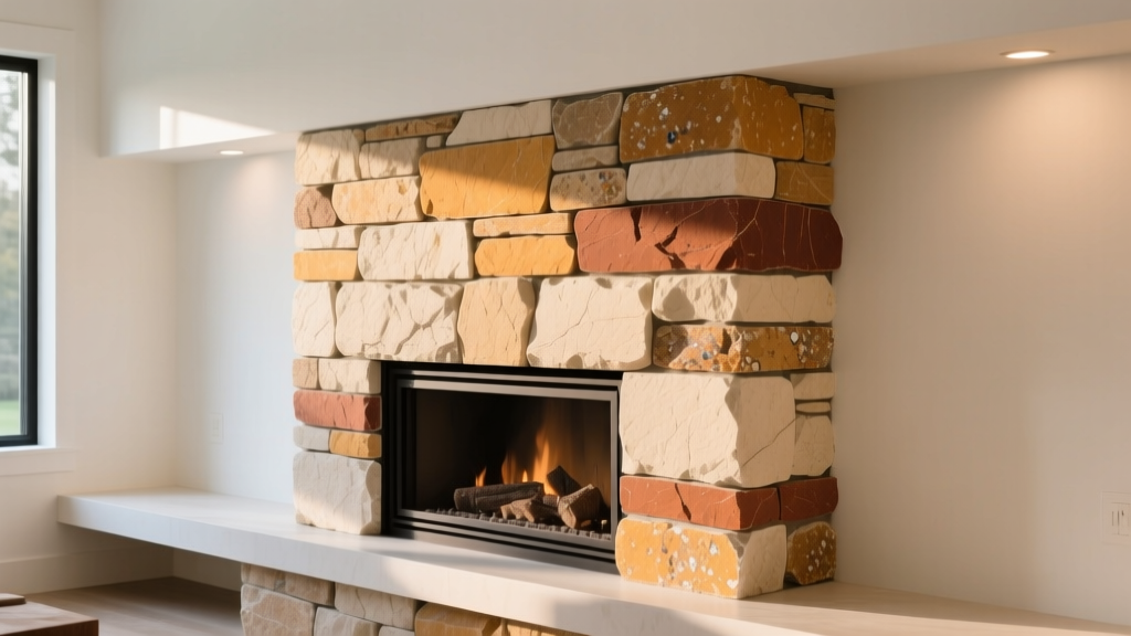 Close-up of natural stacked stone fireplace veneer panels in warm earth tones being mortared onto a modern living room chimney breast
