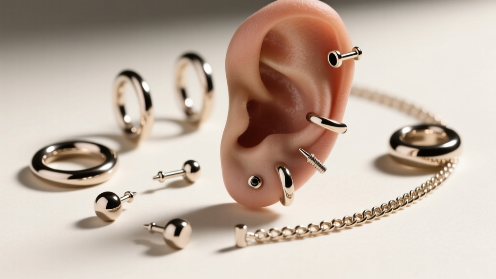 Macro photo of a ten-piece titanium ear stack featuring threadless helix hoops, tragus studs, and conch chains in soft lighting