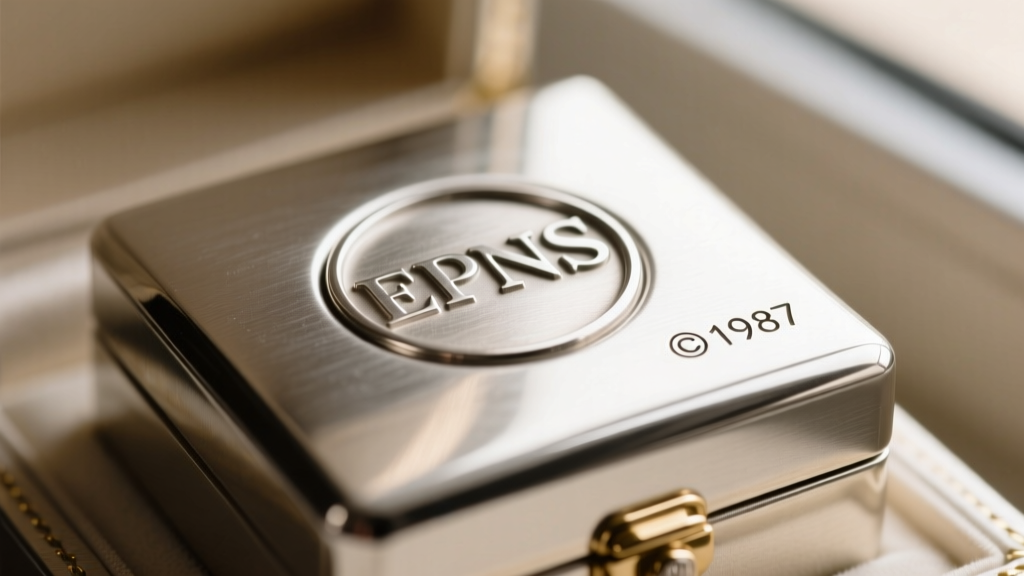 Macro photograph of a silver hallmark stamp on a jewelry box base, showing the letters EPNS and a faded copyright date beside it.
