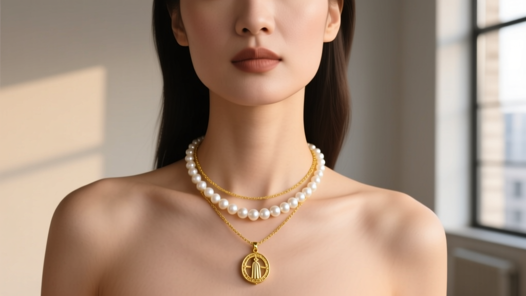 Woman wearing a 14k yellow gold St Anne necklace layered with a simple pearl strand, photographed in soft natural window light.