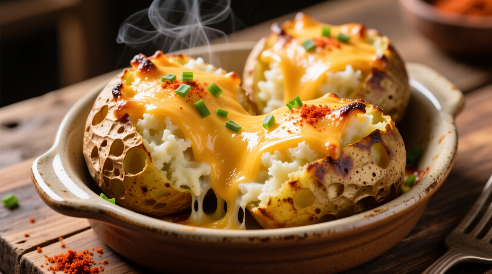 Golden twice baked potatoes with melted cheese topping