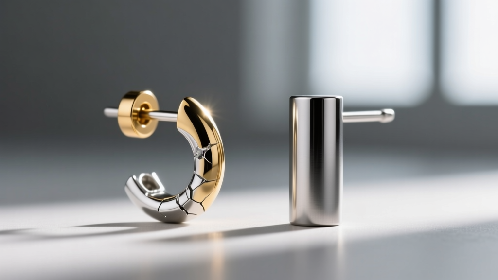 Macro photography comparing a bent 20-gauge silver earring post under weight next to a perfectly rigid 14-gauge titanium post.