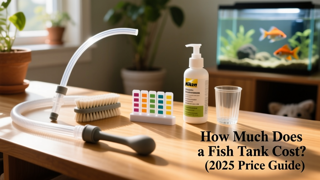 A neatly organized aquarium maintenance kit with siphon, brush, water test strips, and conditioner bottle