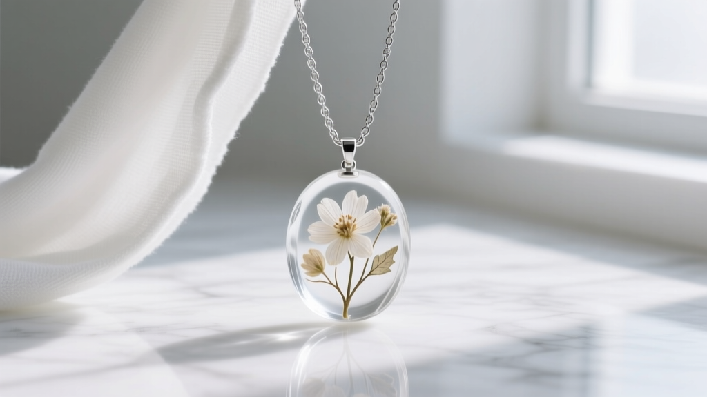 Soft microfiber cloth wiping a delicate silver chain attached to a botanical resin pendant, on a clean white marble surface.