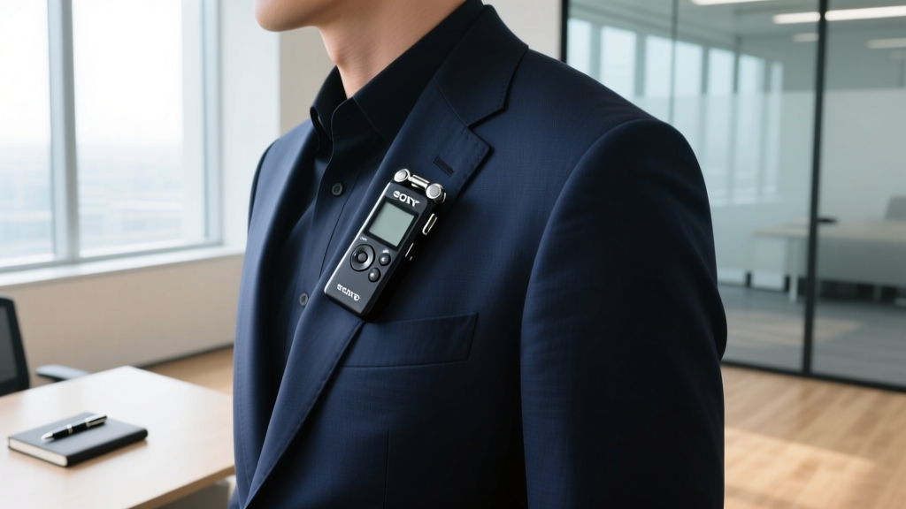 The ultra-thin Sony ICD-TX660 digital voice recorder clipped discreetly to a blazer lapel for covert audio evidence gathering.