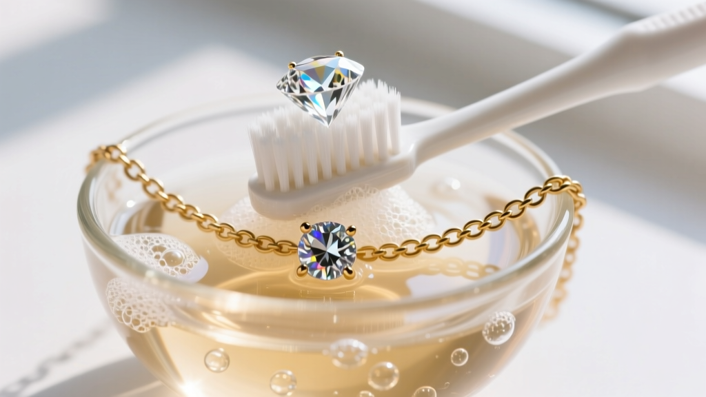 Soft toothbrush scrubbing a cloudy diamond station on a white gold chain submerged in a small glass bowl of warm soapy water.