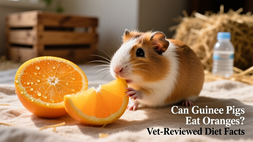 A fresh orange sliced into wedges next to a guinea pig nibbling gently on one