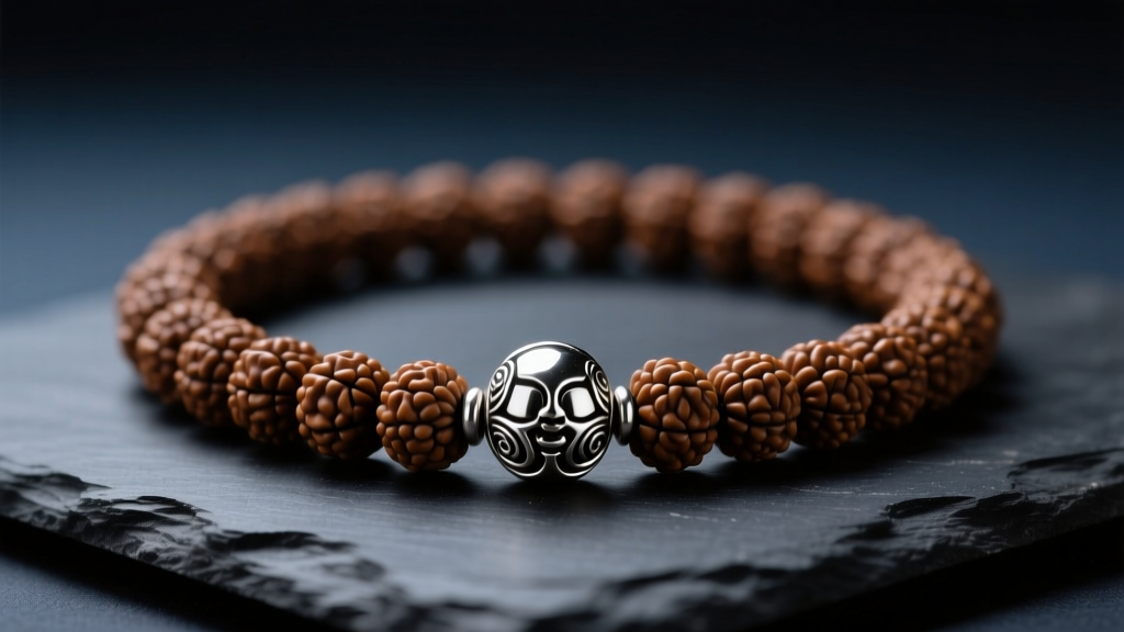 Close-up of a 108-bead rudraksha meditation necklace with a silver guru bead, resting on dark slate in soft, moody lighting.