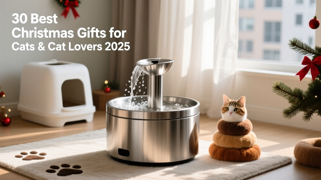 A sleek stainless steel cat fountain with gentle bubbling water, placed beside a tidy litter box and a small stack of cat toys