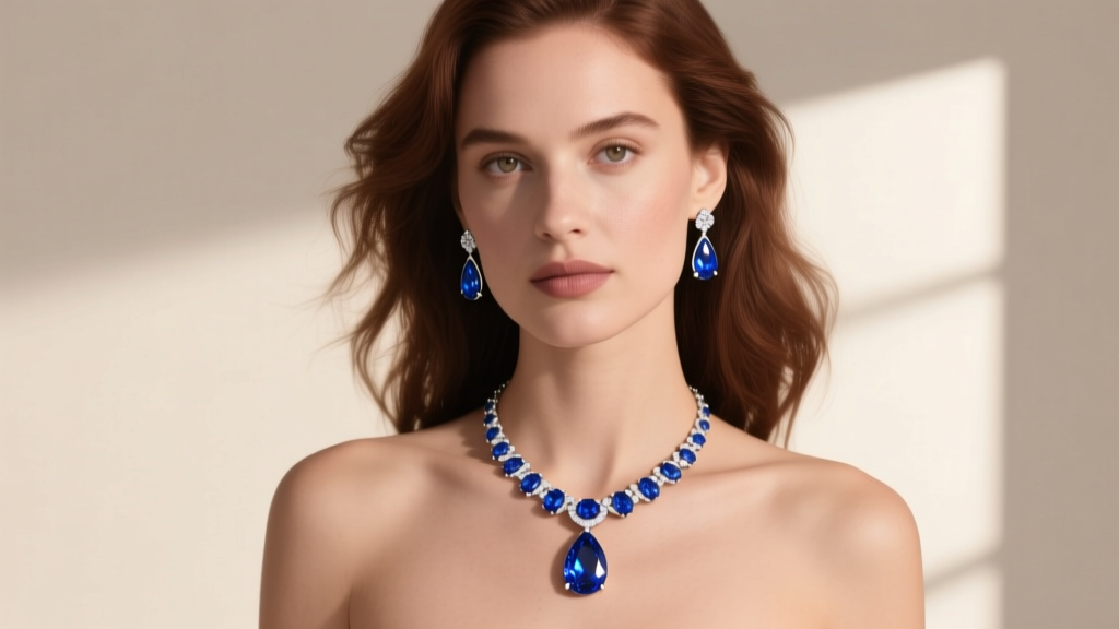 Woman wearing a royal blue necklace and earring set with teardrop London blue topaz stones set in 14k white gold jewelry.