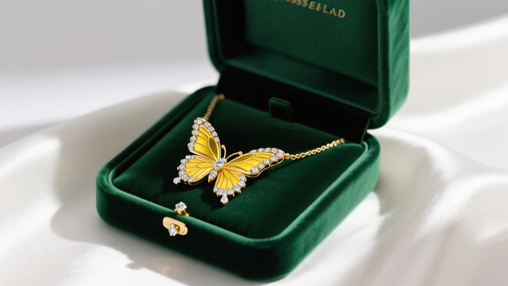 Elegant velvet jewelry box open to reveal a sparkling 18k yellow gold and diamond butterfly necklace resting on white silk fabric.