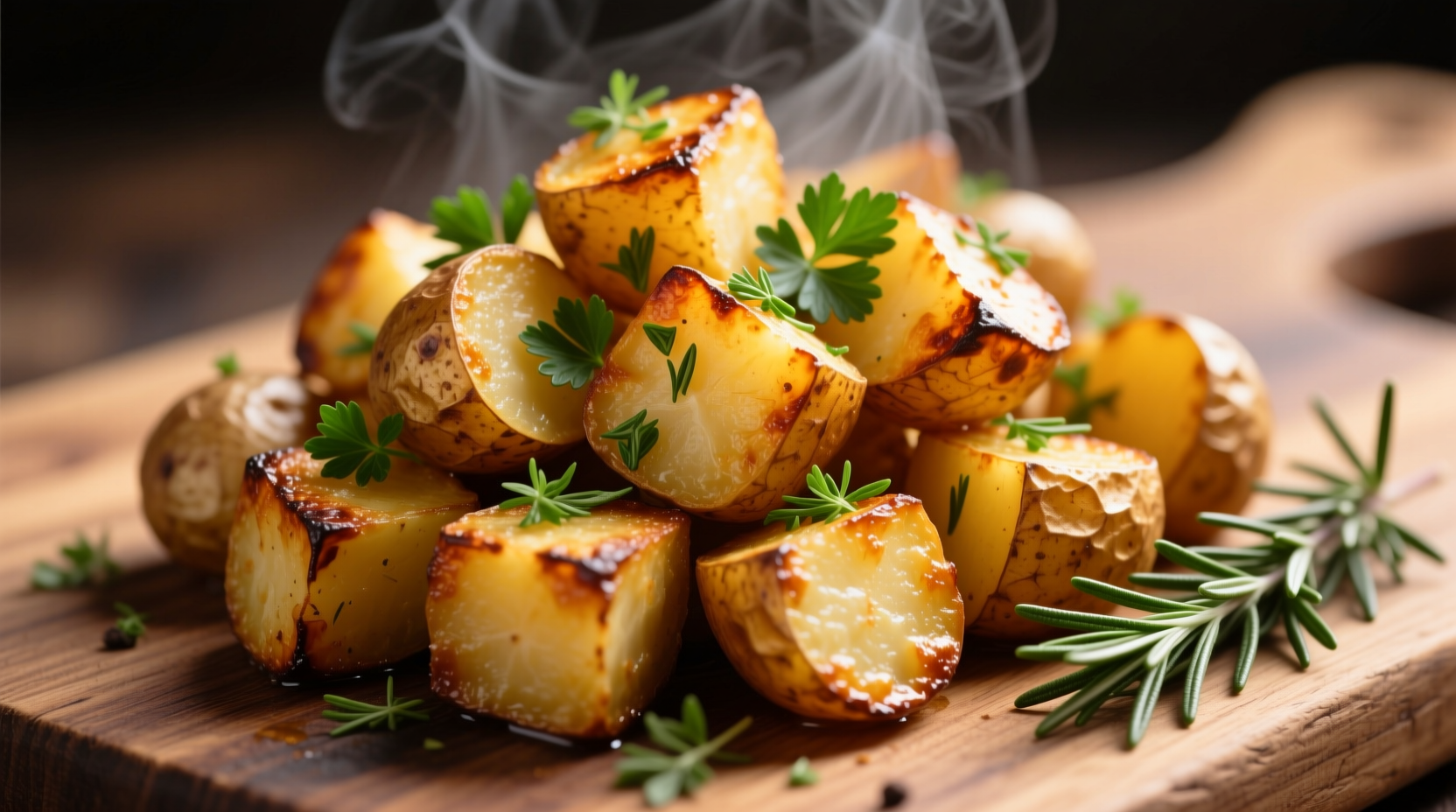 Perfectly golden roasted oven potatoes with crispy edges and herbs