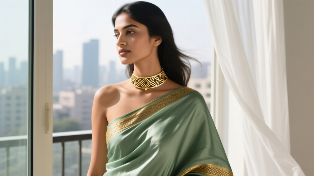 Young woman wearing a lightweight 15-gram modern Indian gold choker necklace paired with a contemporary silk saree in soft daylight
