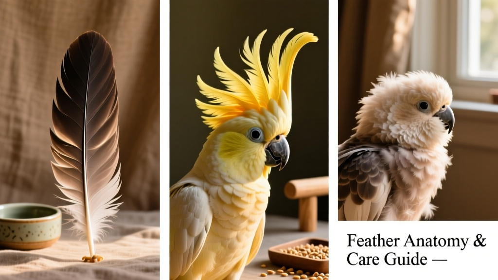 Side-by-side comparison showing contour feathers on the wing, semiplume crest feathers on a cockatoo’s head, and down feathers close to the skin
