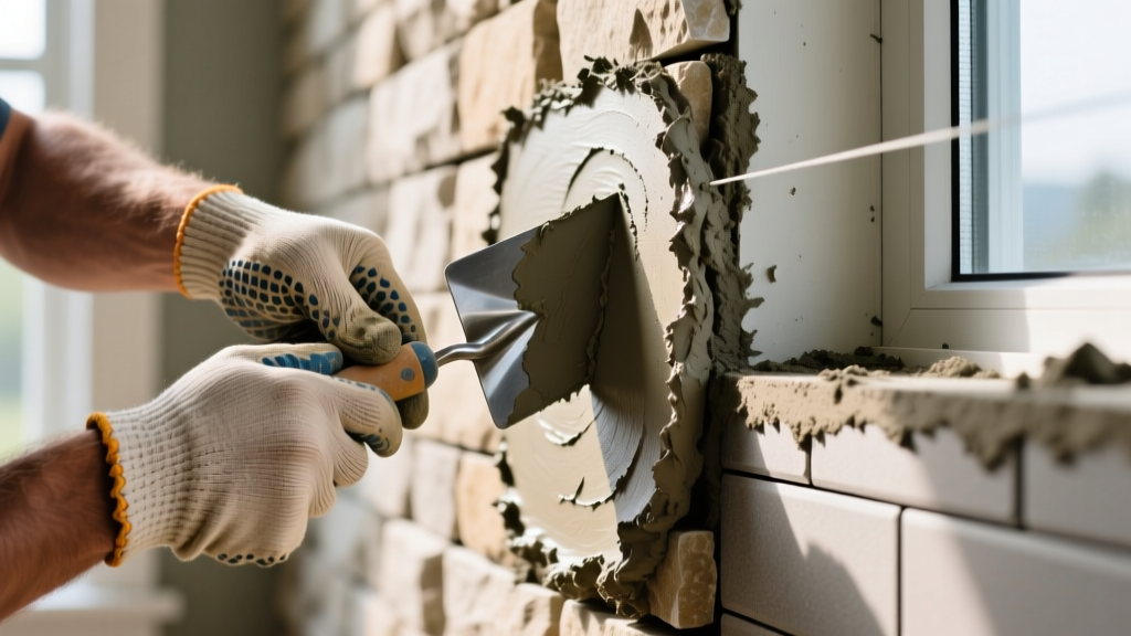 Close-up of a mason applying Type S mortar to install stone veneer siding next to a completed mortarless interlocking stone panel section
