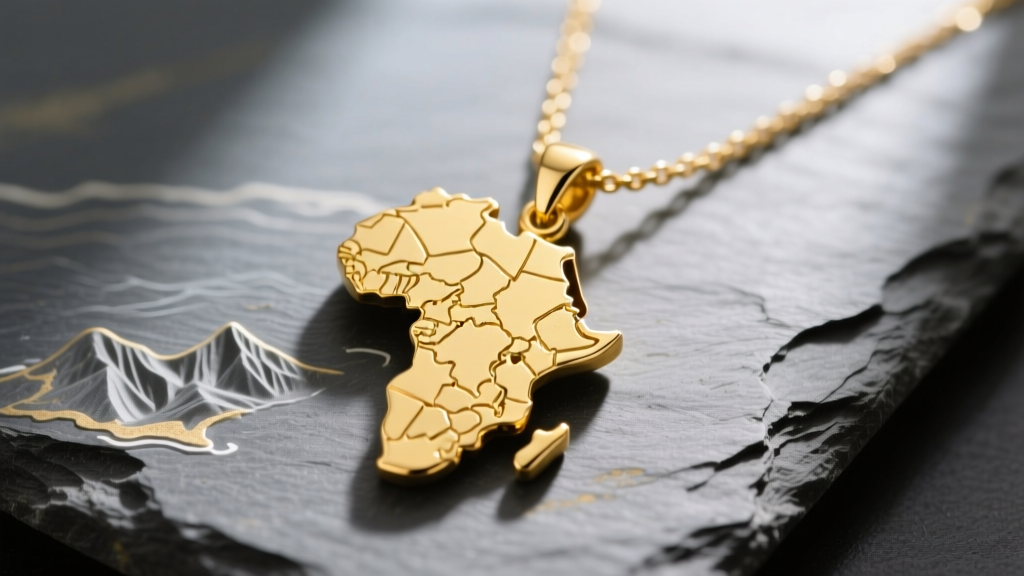 Macro shot of a 14k yellow gold Africa continent necklace pendant on slate, highlighting the Cape of Good Hope edge detail.