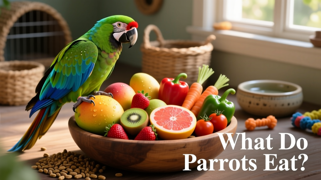 A vibrant macaw perched beside a colorful bowl of fresh fruits, vegetables, and pellets