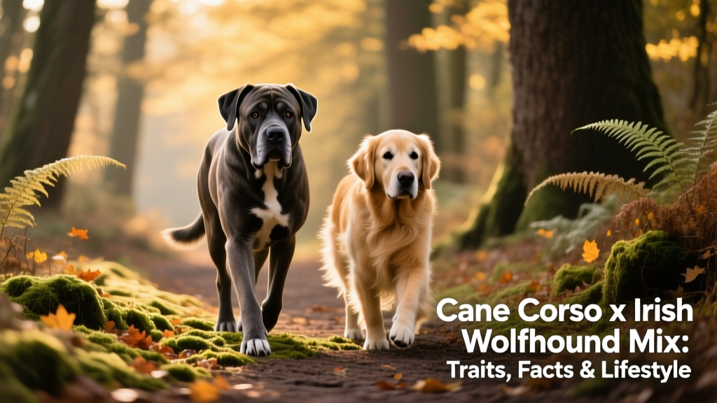 An adult Cane Corso Irish Wolfhound mix walking calmly beside a golden retriever on a forest trail