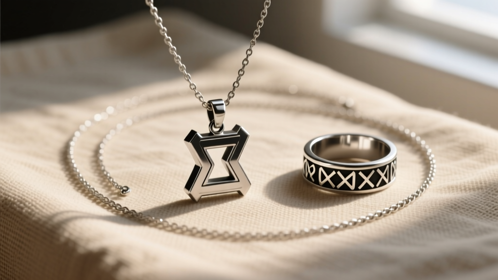 Layered necklaces with a small titanium Mjolnir, a silver runic ring, and a delicate box chain resting on textured beige linen
