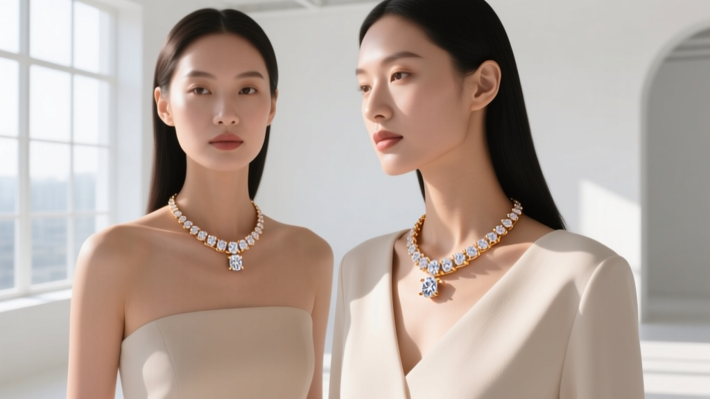 Two women wearing layered 16 and 18 inch 14k rose gold bezel-set lab diamond necklaces, illuminated by soft natural window light.