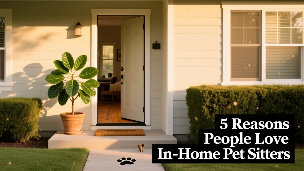 A tidy suburban home exterior with front door open slightly, a potted plant on the step, and soft daylight filtering in