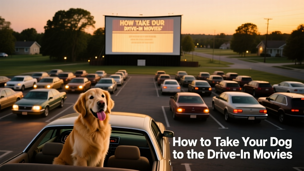 Aerial view of a drive-in theater with rows of cars facing a large screen, lights glowing softly at dusk