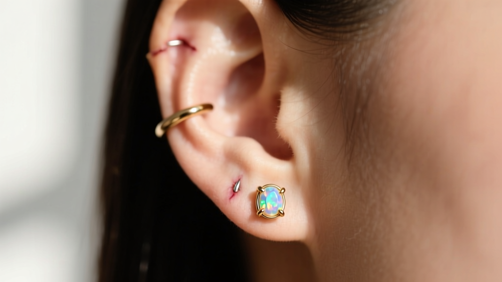 Close-up of a healed curated ear project featuring champagne PVD coated titanium threadless ends with tiny bezel-set opals