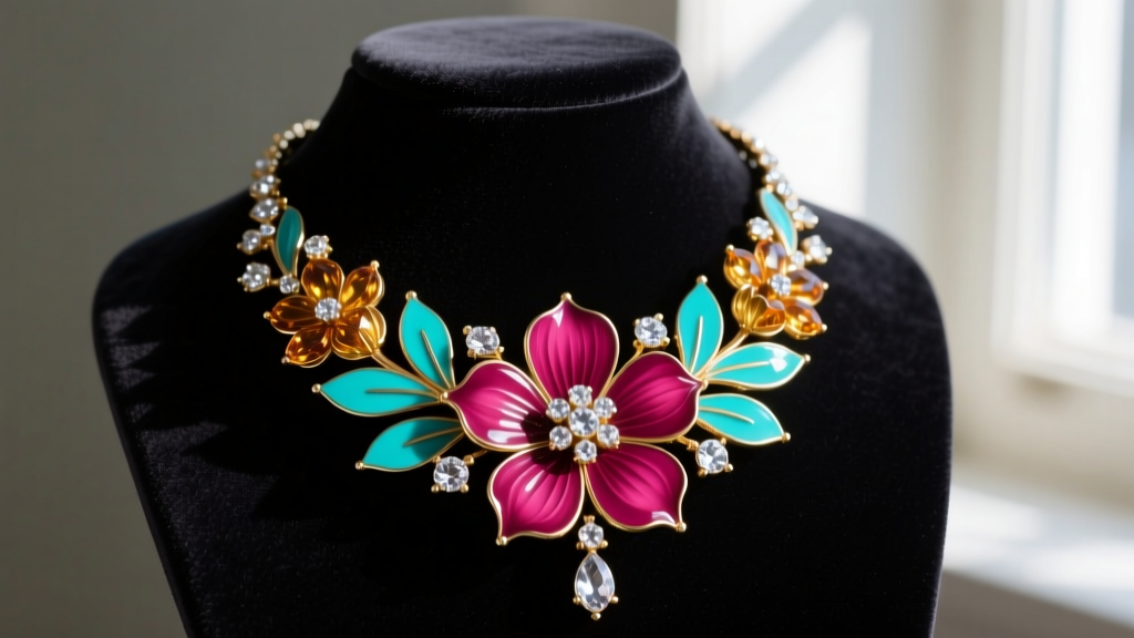 Close-up of a vibrant 2009 Heidi Daus enamel and crystal floral statement necklace resting on a dark charcoal velvet display bust.
