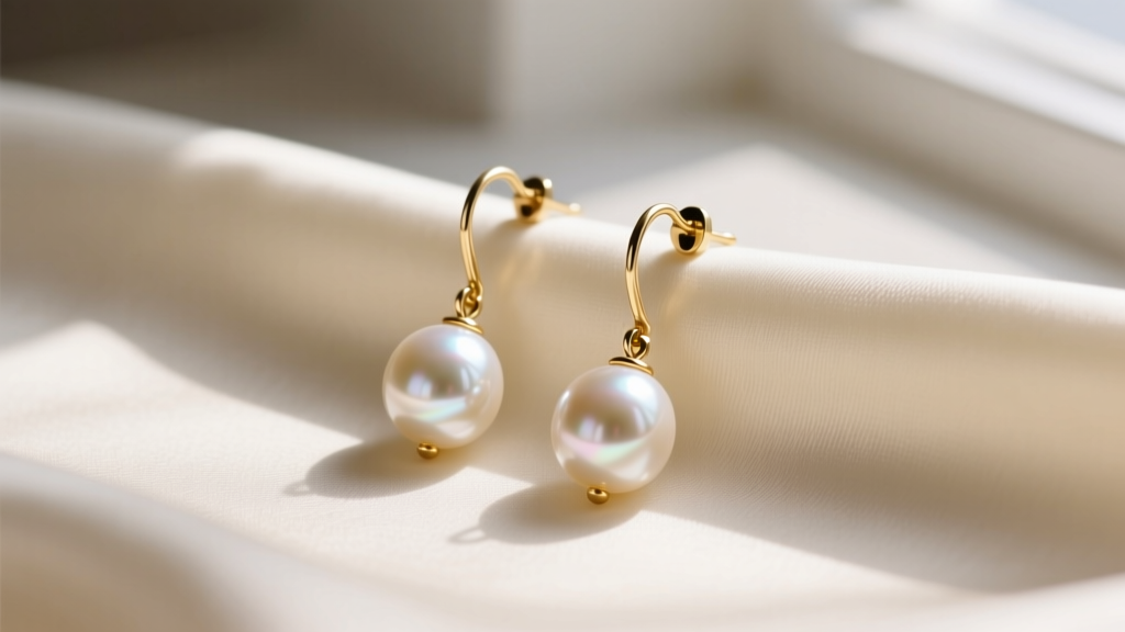 Flat-lay of Robert Rose gold-tone pearl drop earrings on cream silk, soft natural lighting highlighting metallic textures.