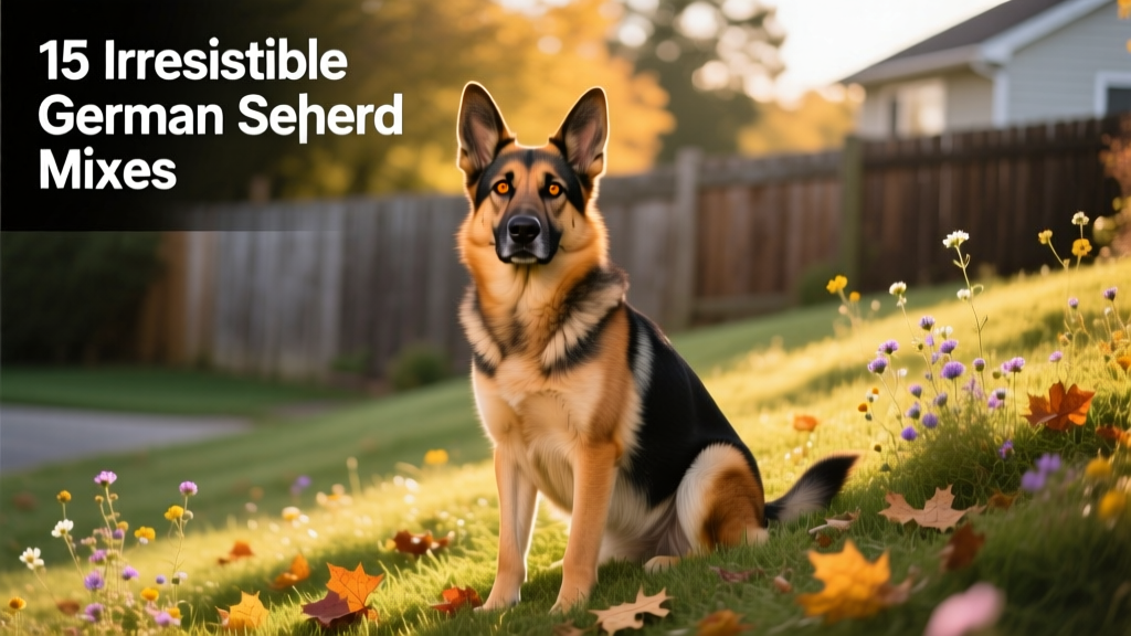 A friendly, alert German Shepherd mix sitting outdoors, gazing confidently at the camera