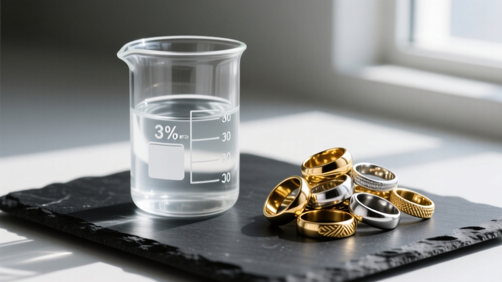 Clear glass beaker of 3 percent hydrogen peroxide next to a pile of mixed gold and silver rings on a dark slate surface
