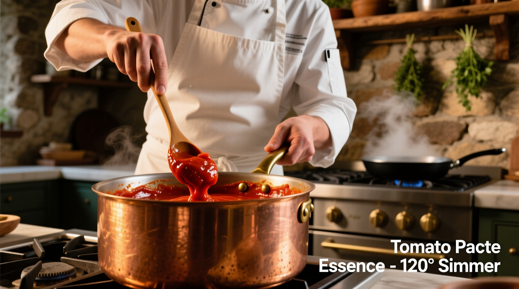 Chef stirring tomato paste in copper pot
