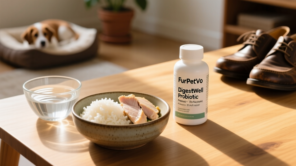 Bowl of plain boiled chicken and white rice beside a water bowl and FurPetVo DigestWell Probiotic supplement bottle