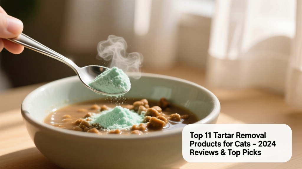 Small scoop of dental powder being mixed into a bowl of wet cat food